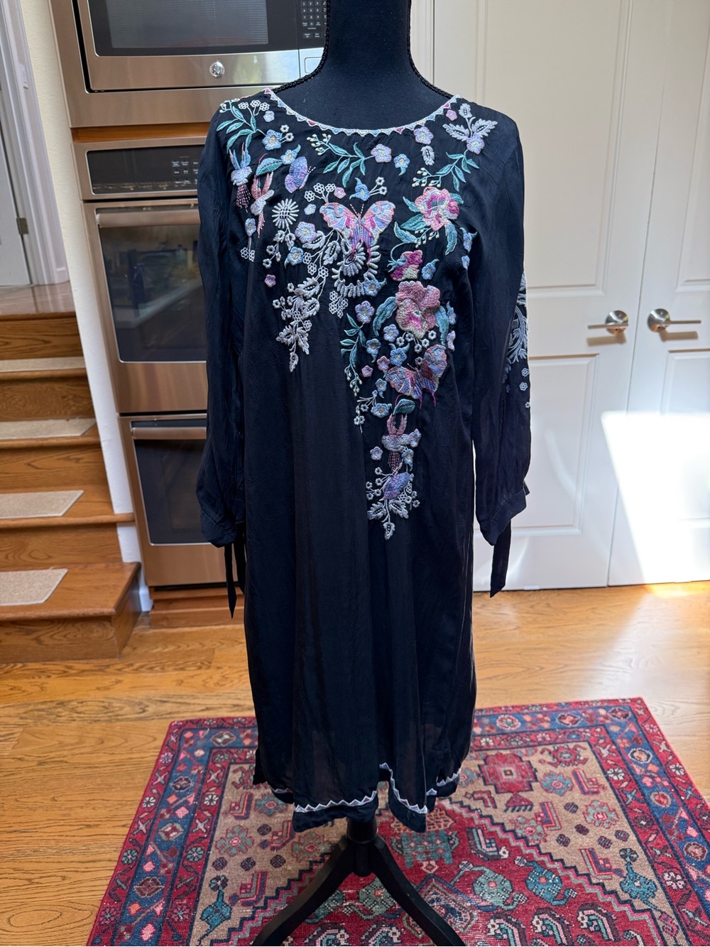 Johnny Was Black Embroidered Floral Long Sleeve Dress
